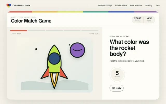 Round 1 of 5 of the 29 October 2026 daily: a cartoon rocket whose lime body is the colour to study, with a countdown and an I'm ready button