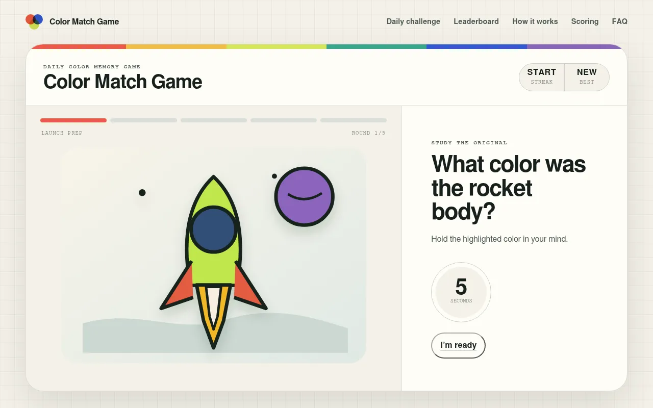 Round 1 of 5 of the 29 October 2026 daily: a cartoon rocket whose lime body is the colour to study, with a countdown and an I'm ready button