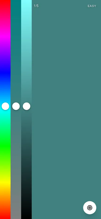 Color Memory Game daily on a phone: round 1 of 5 with the hue, saturation and brightness sliders down the left side of the board