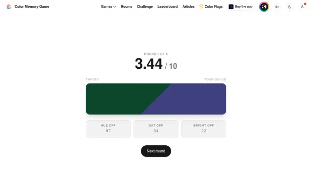 Color Memory Game daily, round 1 of 5 result: the dark green target beside the guess, scored 3.44 out of 10, with hue, saturation and brightness off