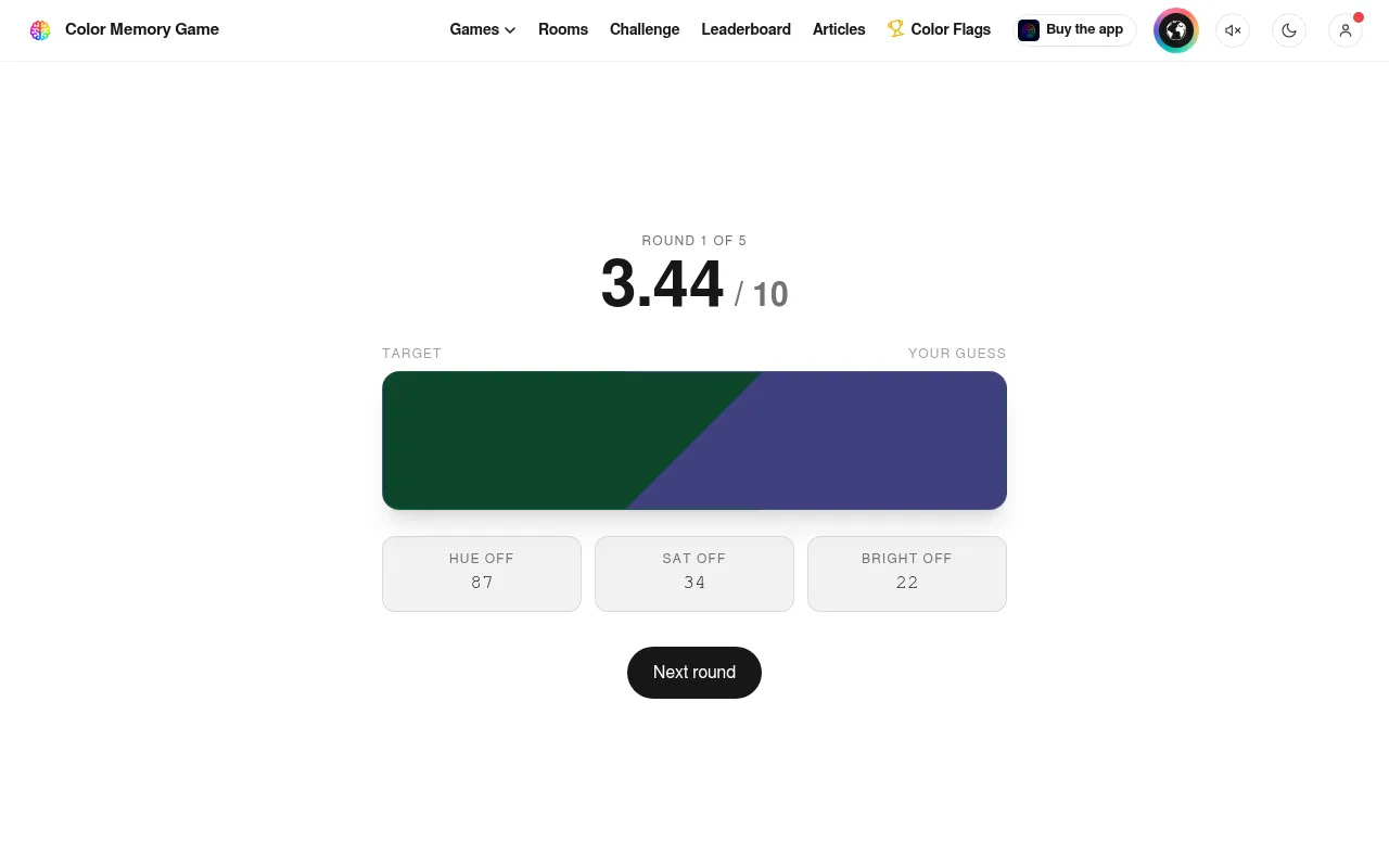 Color Memory Game daily, round 1 of 5 result: the dark green target beside the guess, scored 3.44 out of 10, with hue, saturation and brightness off
