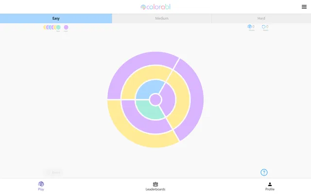 Colorabl Easy board: three rings of purple, yellow, blue and green tiles around a purple centre, with the coming colour sequence at the top