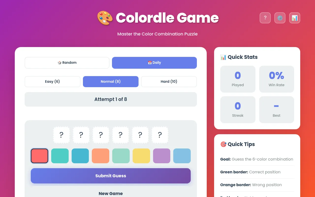 Colordle Game in Daily mode on Normal: attempt 1 of 8, six empty question-mark slots above a palette of eight colours and the Submit Guess button