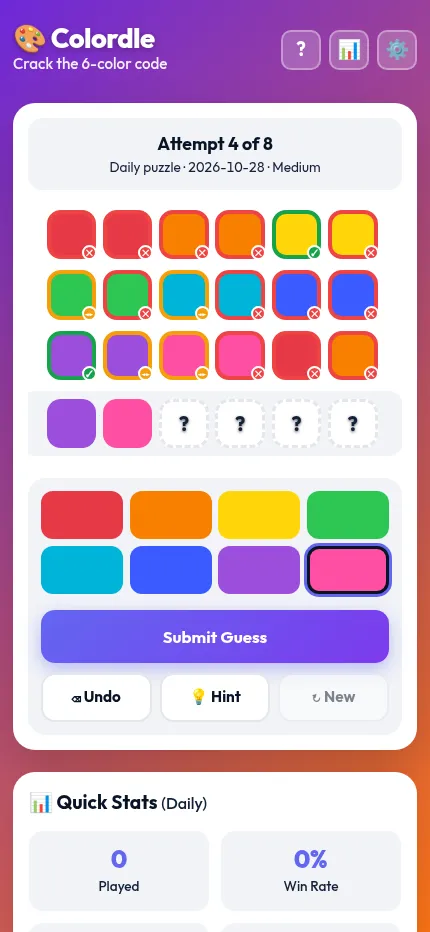 Colordle Game daily puzzle on a phone: three scored rows of six colours, a fourth row being filled, and the palette with Submit, Undo and Hint buttons