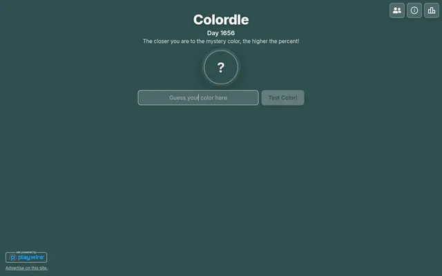 Colordle Day 1656: a grey question-mark circle for the mystery colour above a Guess your color here box and a Test Color! button