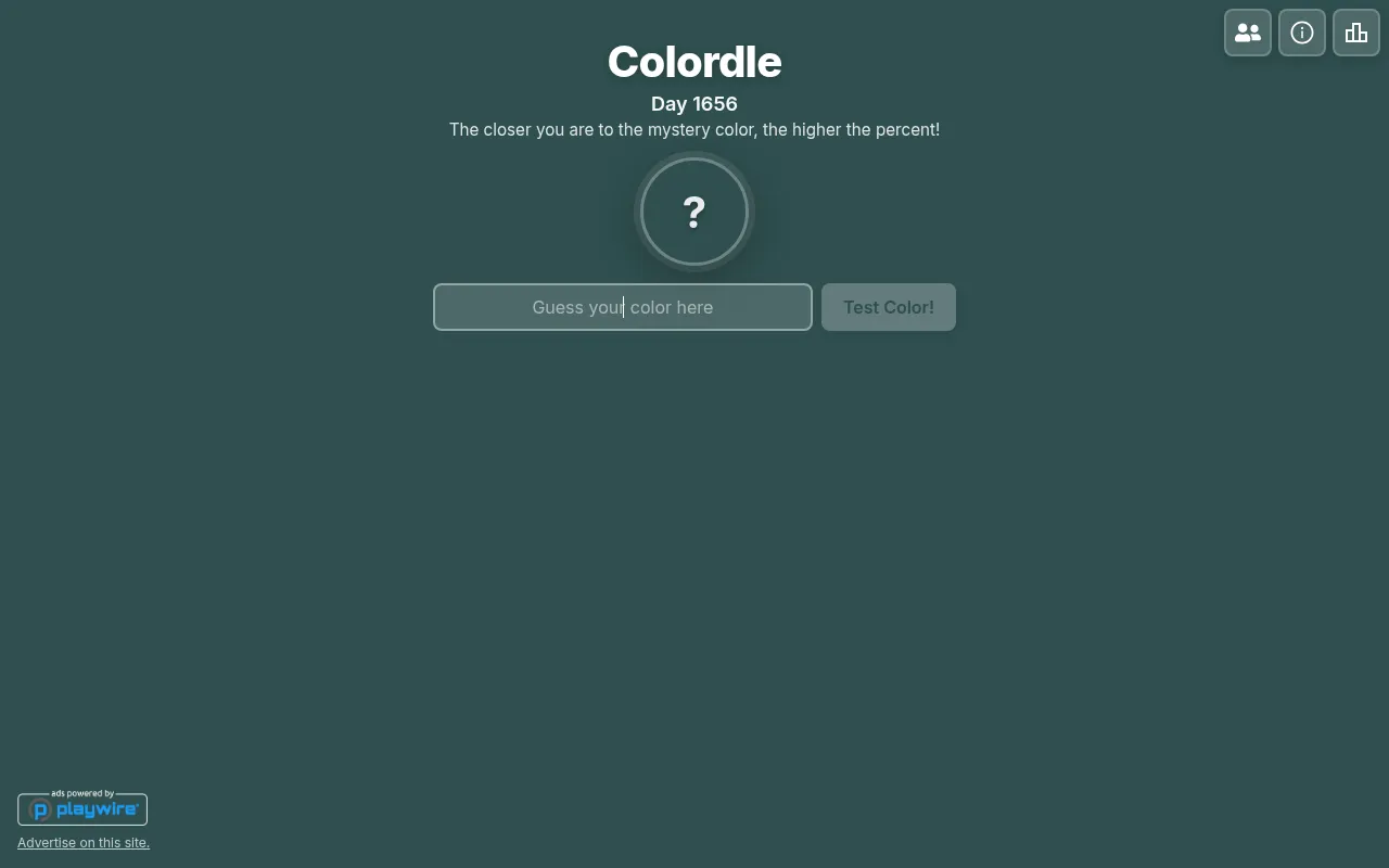 Colordle before the first guess: a grey question-mark circle for the mystery colour above a Guess your color here box and a Test Color! button