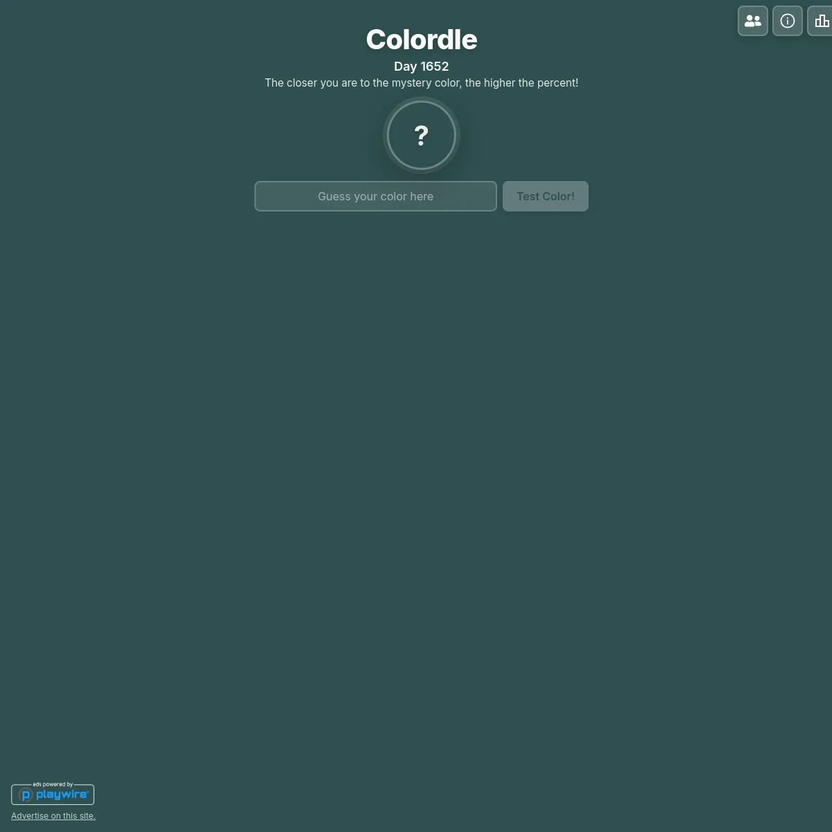 Colordle Day 1652 start screen with a grey question-mark circle and a box to type a colour name