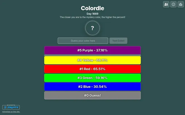 Colordle Day 1669 in play: guesses Yellow 68.11%, Red 65.51%, Green 59.16%, Purple 37.16% and Blue 30.54% listed as swatches under the hidden colour's question mark
