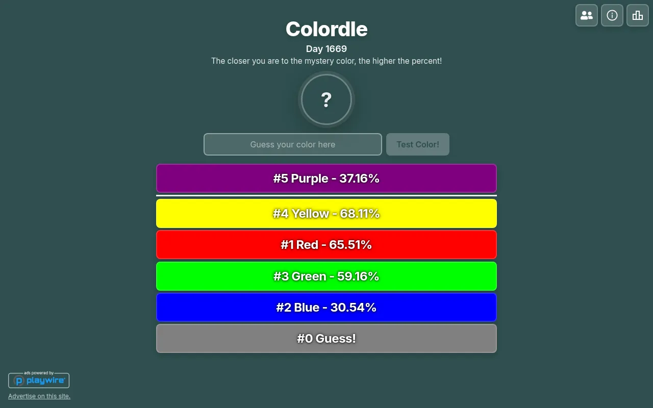 Colordle Day 1669 in play: guesses Yellow 68.11%, Red 65.51%, Green 59.16%, Purple 37.16% and Blue 30.54% listed as swatches under the hidden colour's question mark