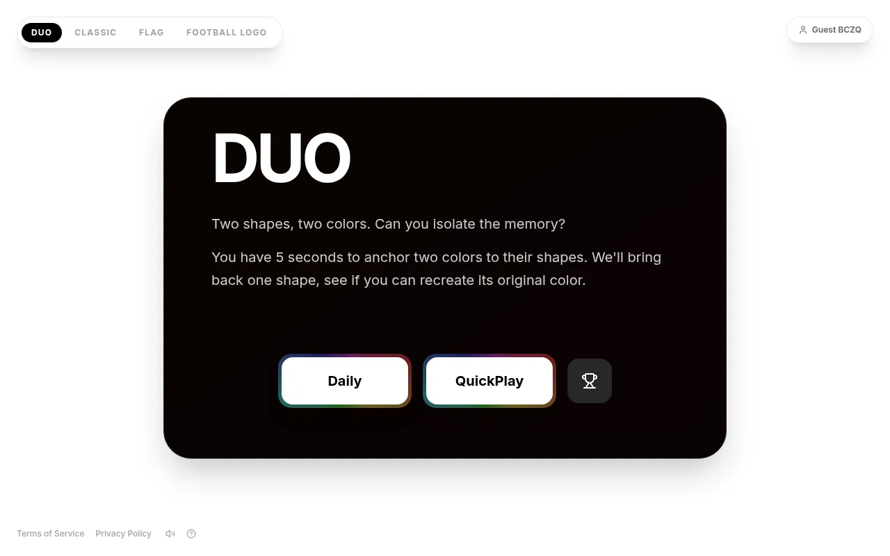 The Colorecall Duo menu with Daily and QuickPlay buttons and tabs for Classic, Flag and Football Logo modes