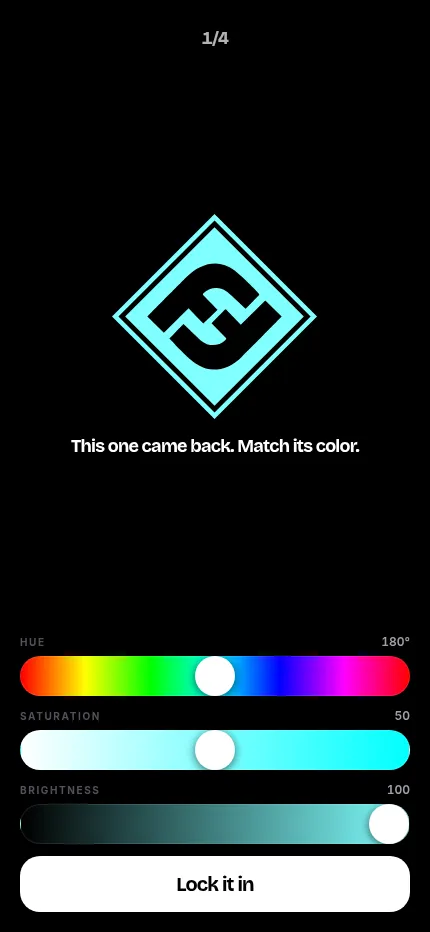 Colorecall on a phone: the diamond badge comes back in cyan with "This one came back. Match its color." above hue, saturation and brightness sliders and Lock it in