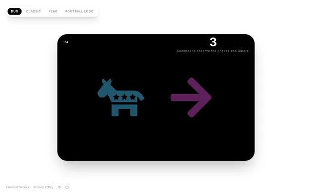 Colorecall's daily, round 1 of 4: a blue donkey shape and a purple arrow on black with a countdown of seconds left to observe the shapes and colours