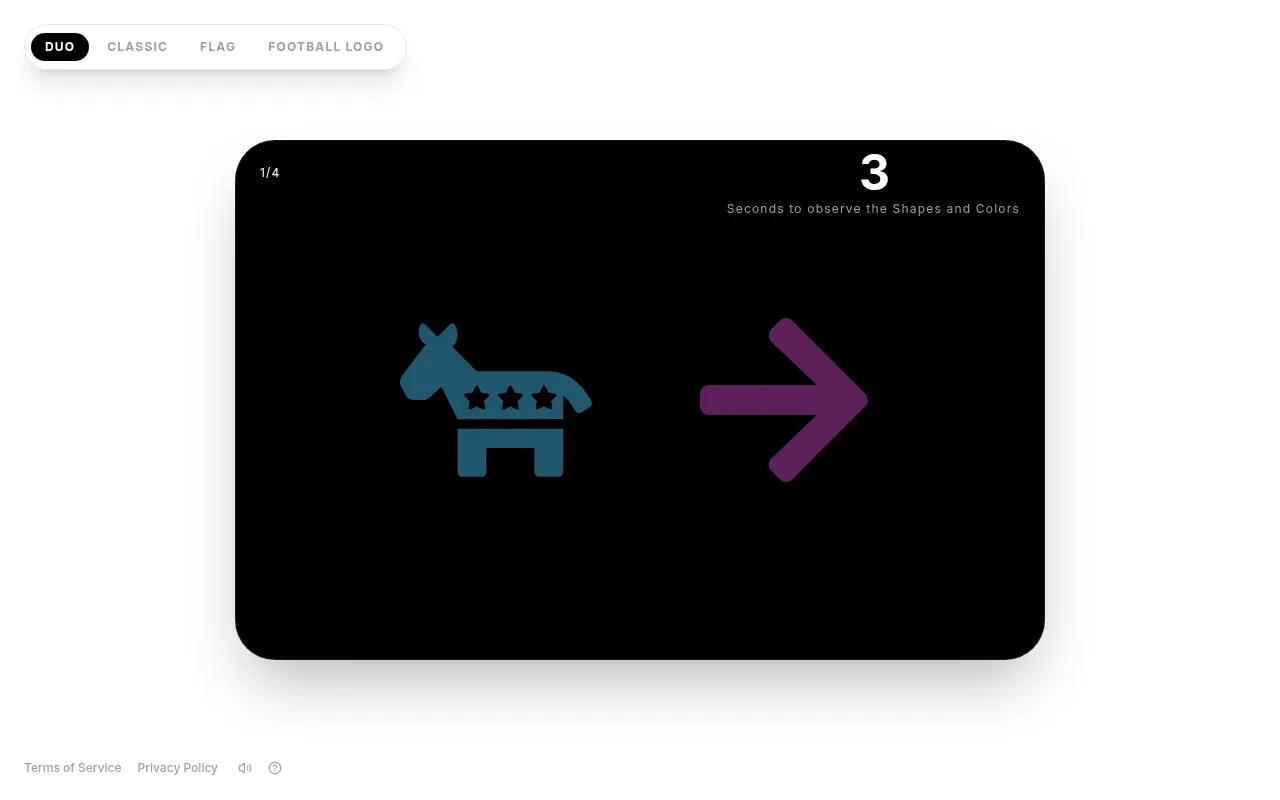 Colorecall's daily, round 1 of 4: a blue donkey shape and a purple arrow on black with a countdown of seconds left to observe the shapes and colours