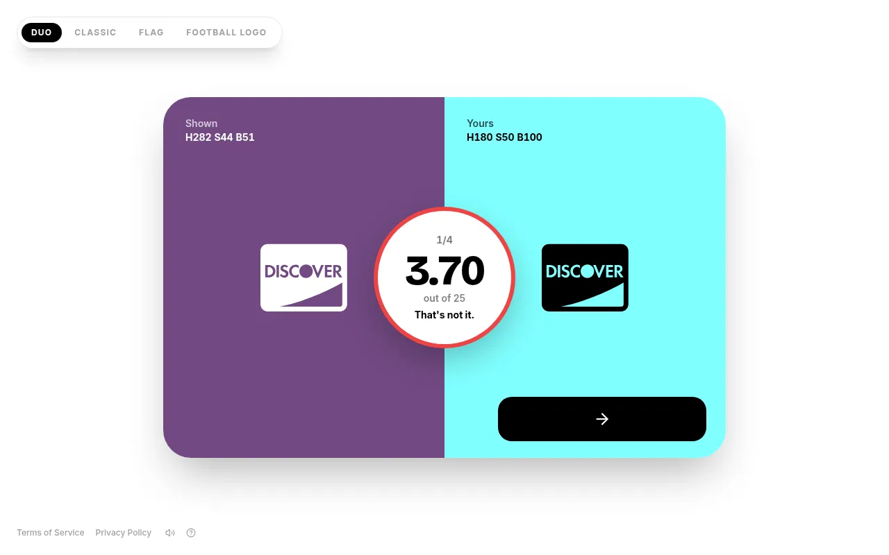 A Colorecall round result: the shown purple Discover logo beside the player's cyan one, with a score of 3.70 out of 25