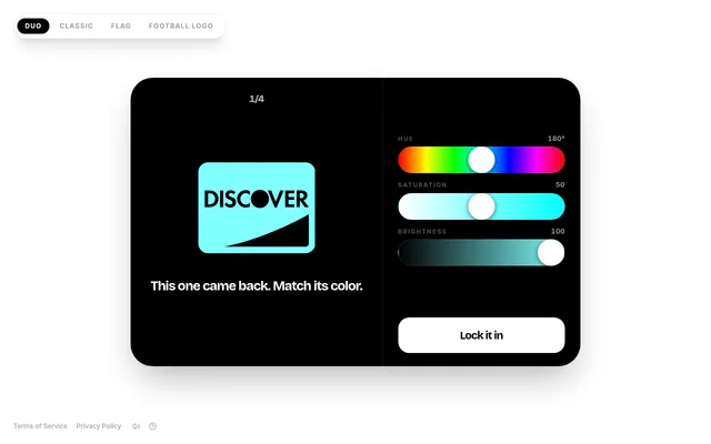 Today's Colorecall Duo daily, round 1 of 4: the Discover card logo has come back in the wrong colour beside hue, saturation and brightness sliders and a Lock it in button