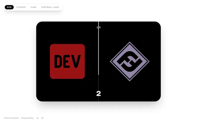 Today's Colorecall Duo daily, round 1 of 4: a red DEV logo and a lilac diamond badge shown side by side to memorise, with the countdown at 2