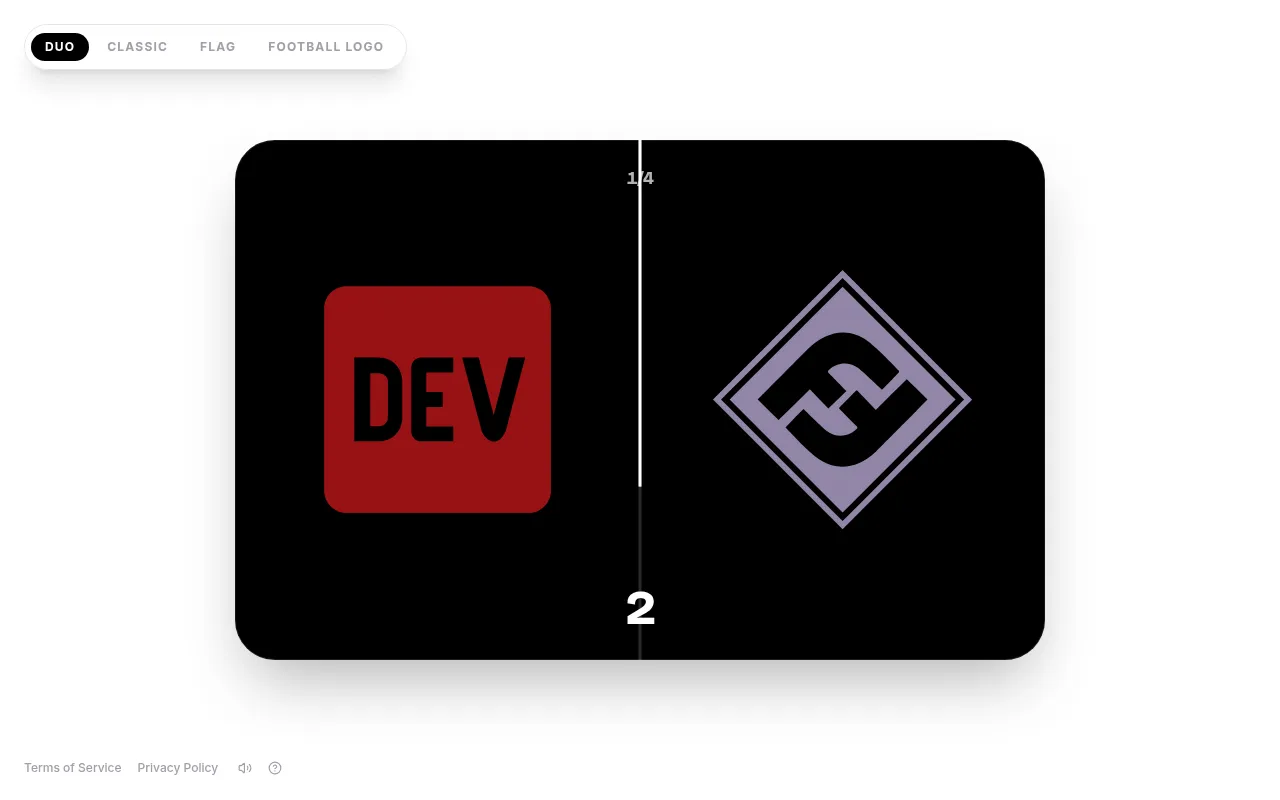 Today's Colorecall Duo daily, round 1 of 4: a red DEV logo and a lilac diamond badge shown side by side to memorise, with the countdown at 2