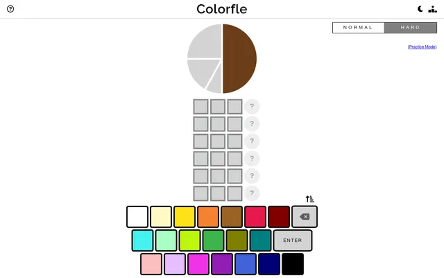 The Colorfle board: a pie chart of today's target colour with one brown half shown, six empty rows of three guess squares and a palette of colour keys