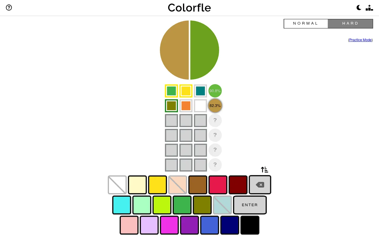 Today's Colorfle on desktop after two guesses: the pie shows the green target beside the last mix, with 90.8% and 82.3% accuracy and green and yellow marks on the picks