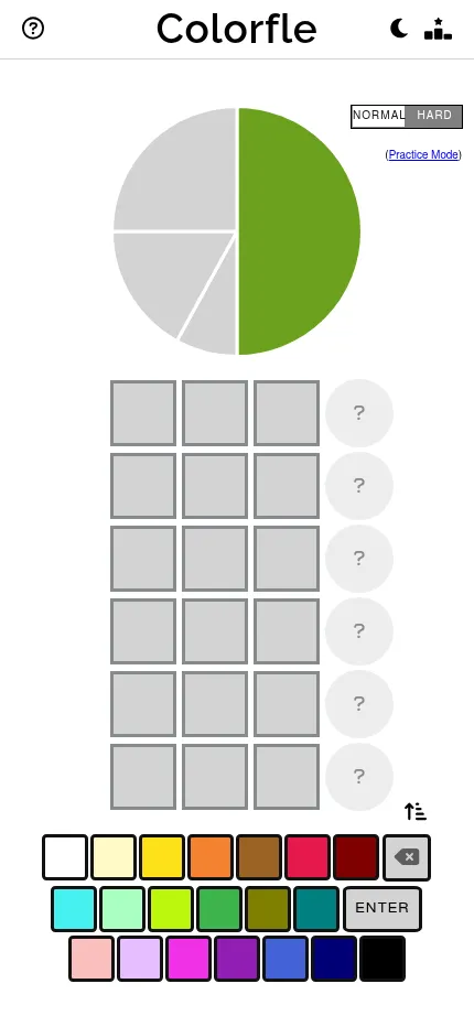 Colorfle at phone size: the half-shown target colour, six empty rows of three guess squares and the 20-colour palette with Enter