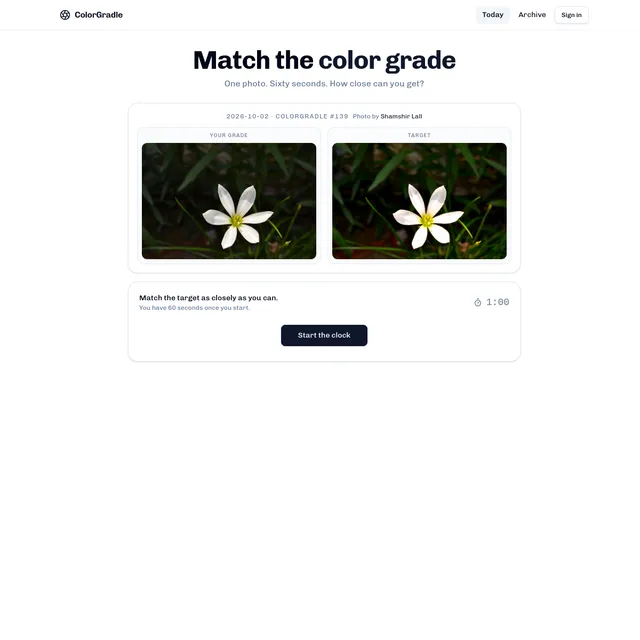 ColorGradle daily page with the day's photo shown as Your Grade and Target and a 60 second timer