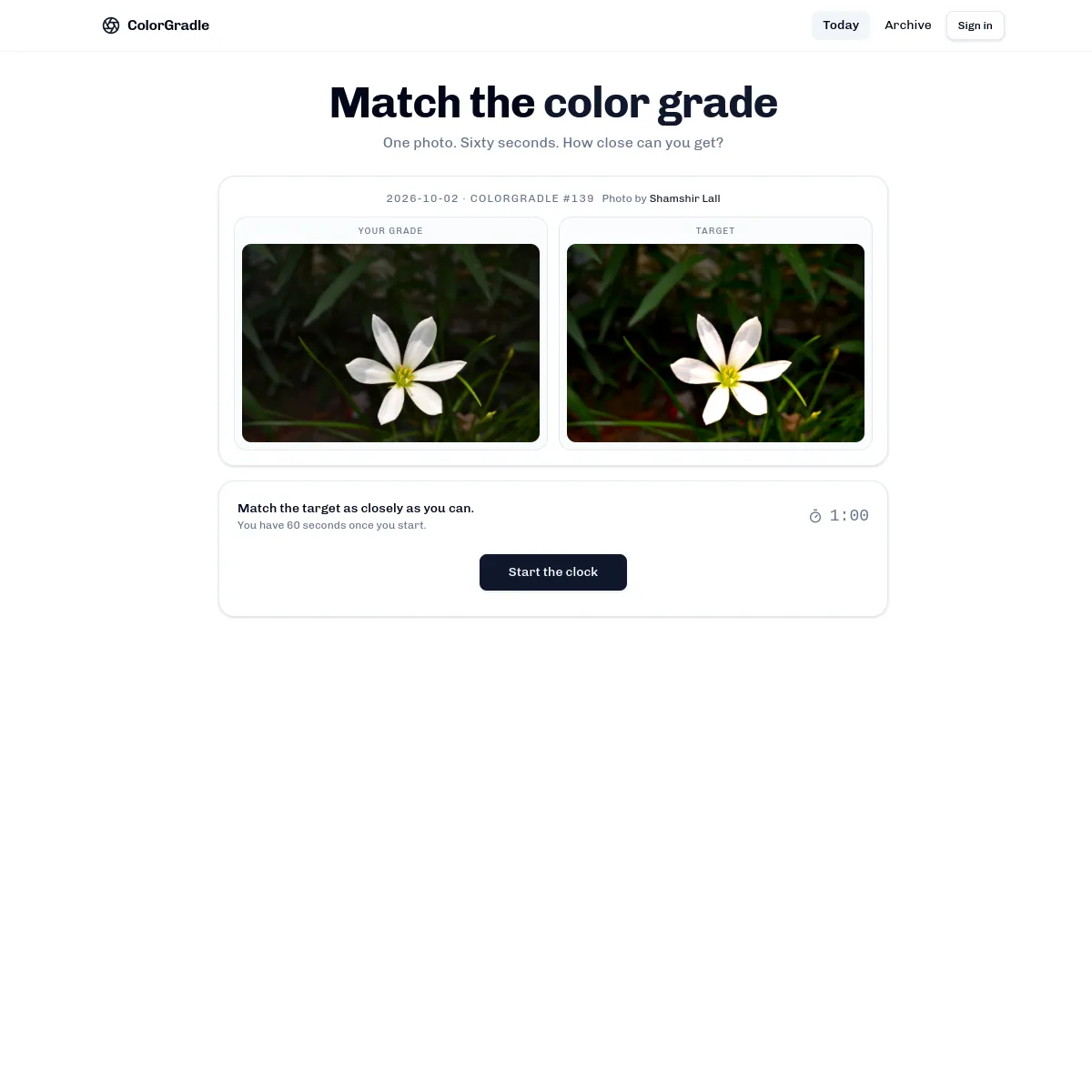 ColorGradle daily page with the day's photo shown as Your Grade and Target and a 60 second timer