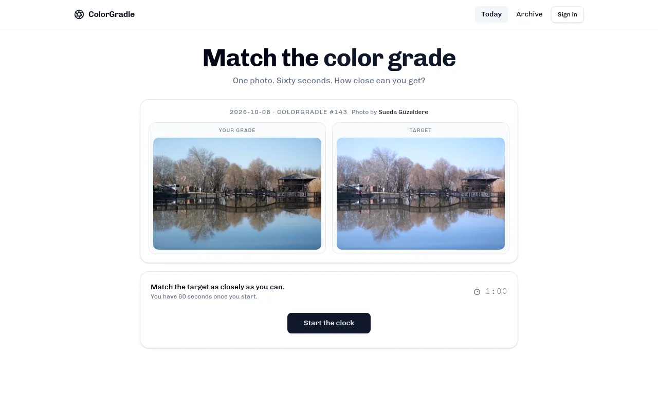 ColorGradle #143 for 2026-10-06: a lakeside photo shown as Your Grade and Target side by side, above a 1:00 timer and a Start the clock button