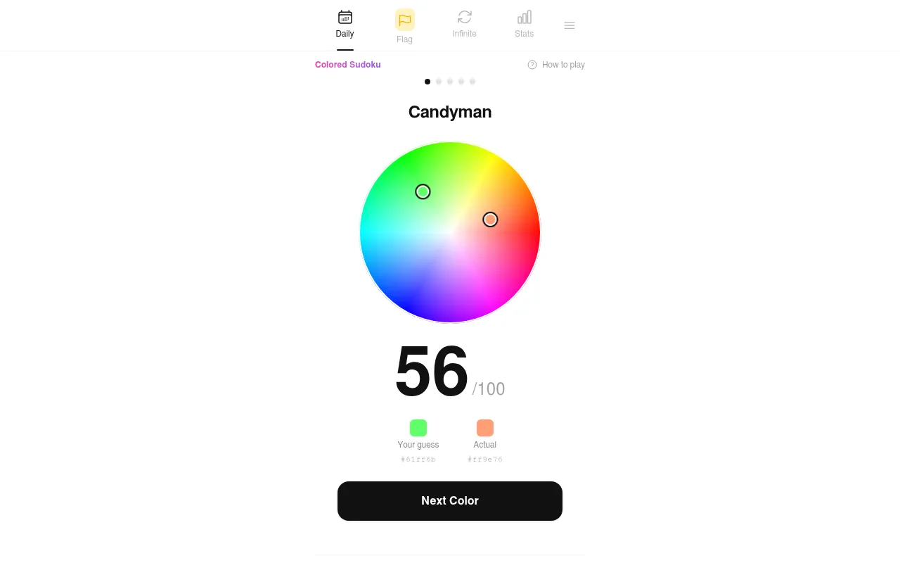 A revealed ColorGuesser round: a green guess and the real peach shade of Candyman marked on the wheel, scored 56 out of 100, with a Next Color button