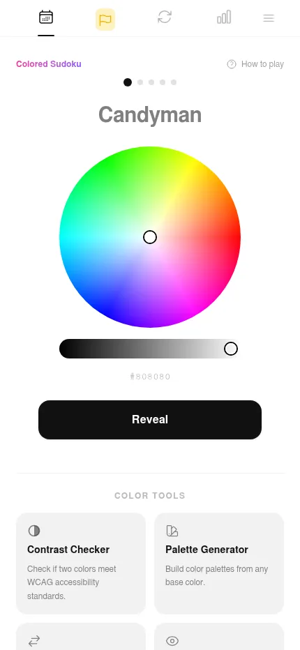 ColorGuesser at phone size: the Candyman round with the colour wheel, brightness slider and Reveal button filling the screen