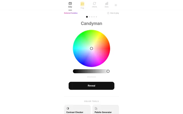ColorGuesser's daily puzzle on 18 October 2026, round 1 of 5: the colour name Candyman above a colour wheel, a brightness slider, the hex value and a Reveal button