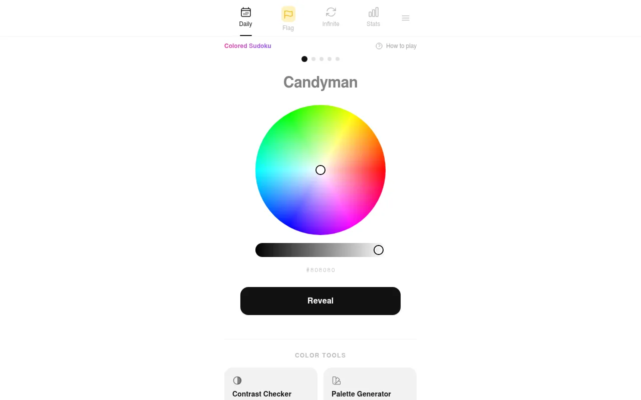 ColorGuesser's daily puzzle on 18 October 2026, round 1 of 5: the colour name Candyman above a colour wheel, a brightness slider, the hex value and a Reveal button