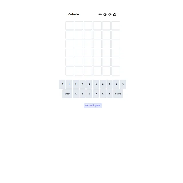 Colorle board with a six by six grid of empty tiles and a hex keypad from 0 to F