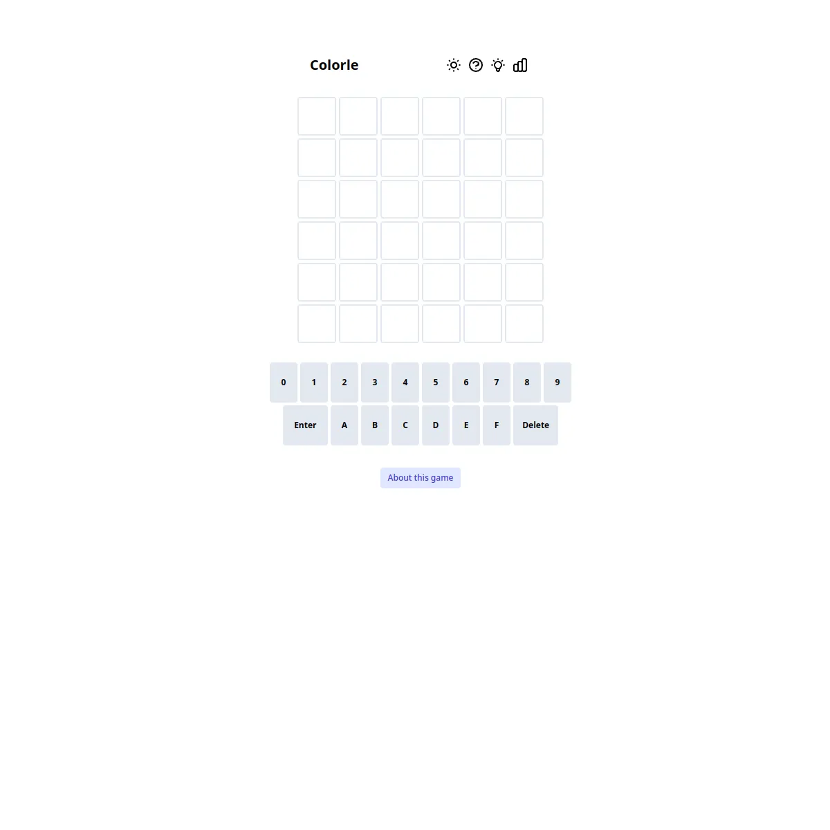 Colorle board with a six by six grid of empty tiles and a hex keypad from 0 to F