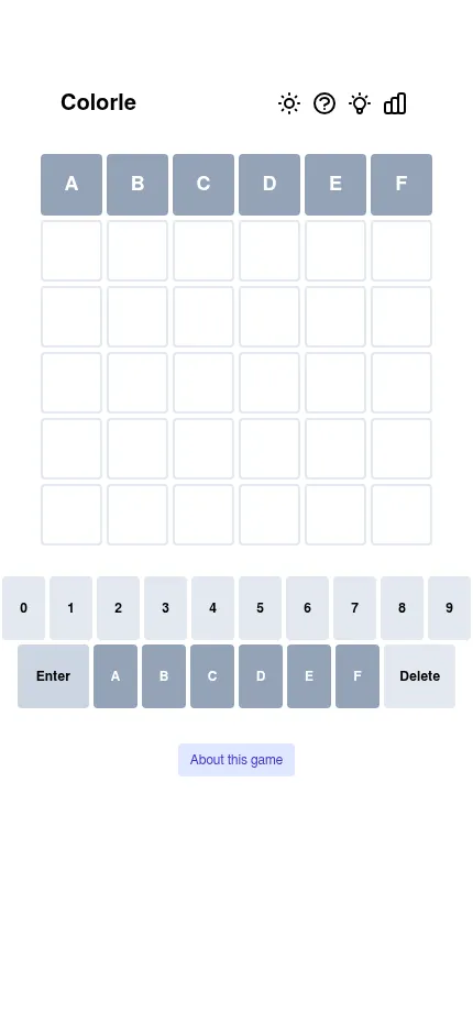 Colorle at phone size: a guess of ABCDEF with every tile grey, six rows of tiles and the full hex keypad fitting the screen