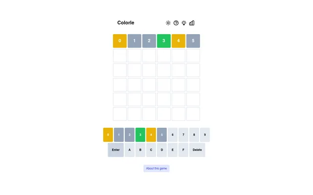 Colorle board on desktop after a first guess, 012345: 3 is green, 0 and 4 yellow, the rest grey, above the hex keypad from 0 to F