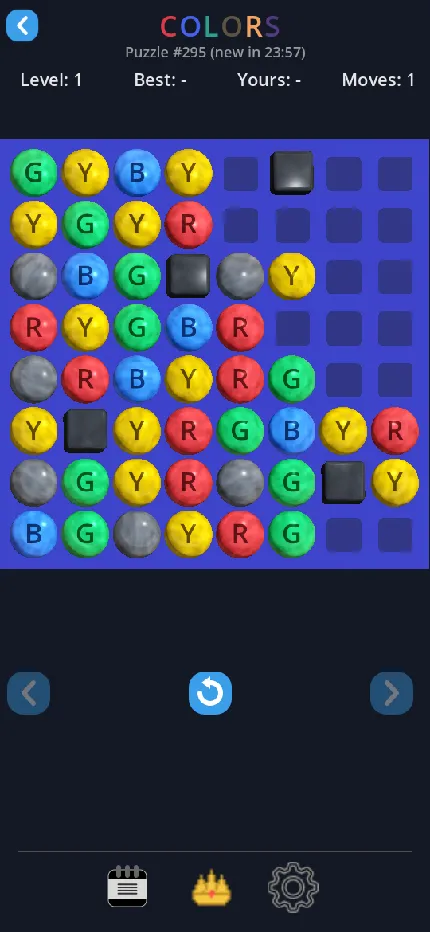 Colors at phone size after one swipe to the left on puzzle #295: every ball has slid left, leaving empty cells on the right of the board