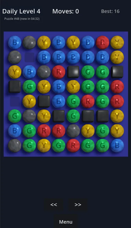 Colors Daily Level 4 of puzzle number 48: an 8x8 board packed with red, green, blue and yellow lettered balls, grey balls and dark blocks
