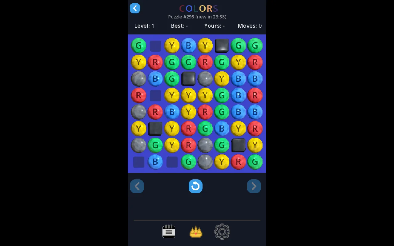 Colors Daily Puzzle #295, level 1 at the start: an 8x8 board of red, green, blue and yellow lettered balls, grey balls and dark blocks, with a countdown to the next puzzle