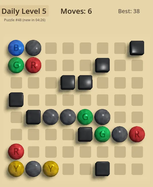 Colors Daily Level 5 after six moves: a few coloured and grey balls left among dark blocks on a sand-coloured grid
