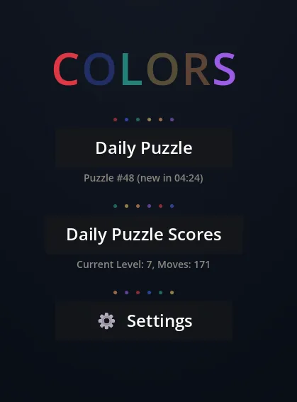 Colors main menu with Daily Puzzle number 48, a countdown to the next one, and Daily Puzzle Scores showing level 7 and 171 moves