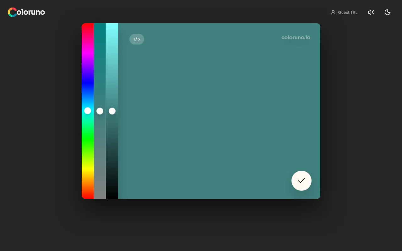 Coloruno daily round 1 of 5: hue, saturation and brightness sliders beside a teal colour being rebuilt from memory