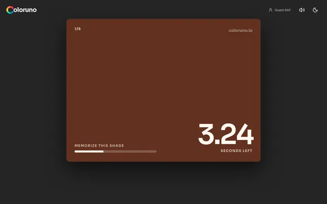 Coloruno daily round 1 of 5 for 26 October 2026: a brown shade fills the card under Memorize this shade, with 3.24 seconds left before it is hidden