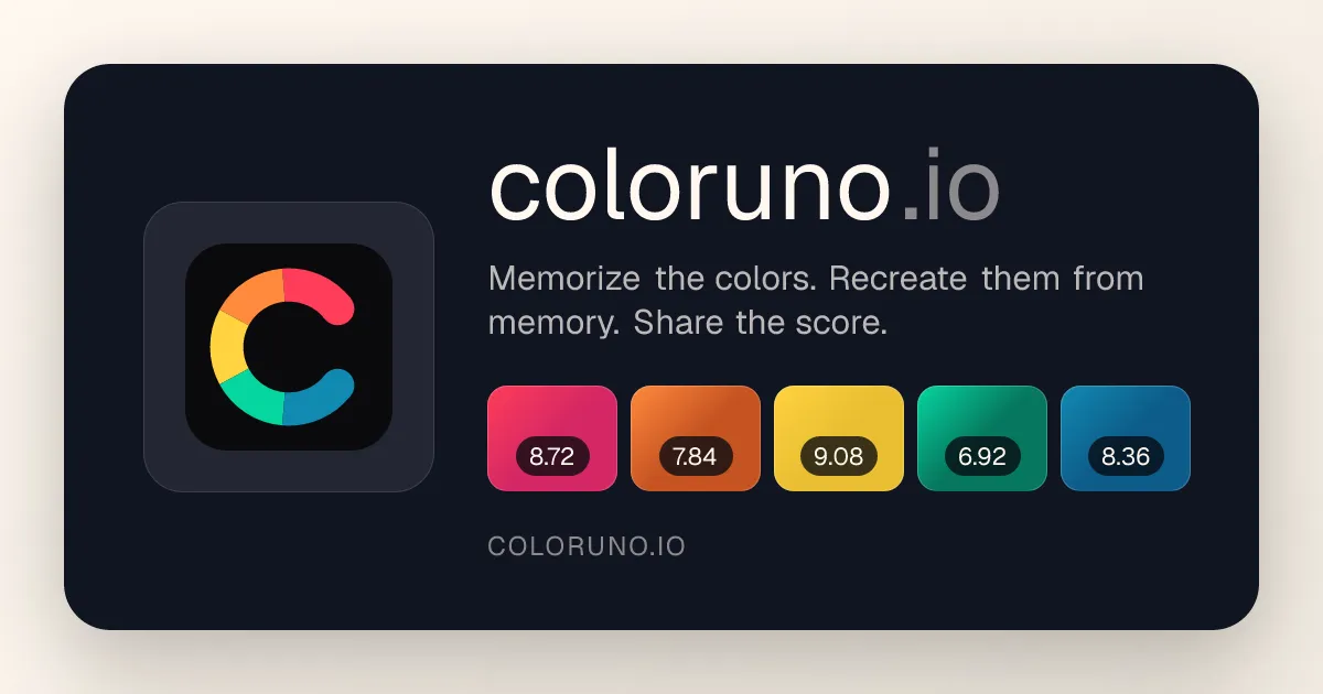 Coloruno card: the app icon and five colour swatches with scores such as 8.72 and 9.08