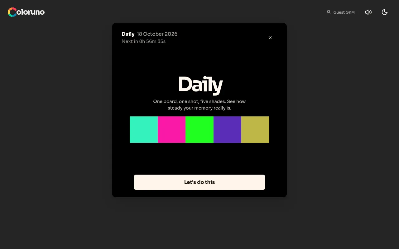 Coloruno's Daily card for 18 October 2026 with a countdown to the next puzzle and a Let's do this button