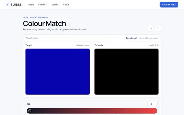 The Colour Match board: the day's deep blue target swatch beside a black mix swatch, with the red control below
