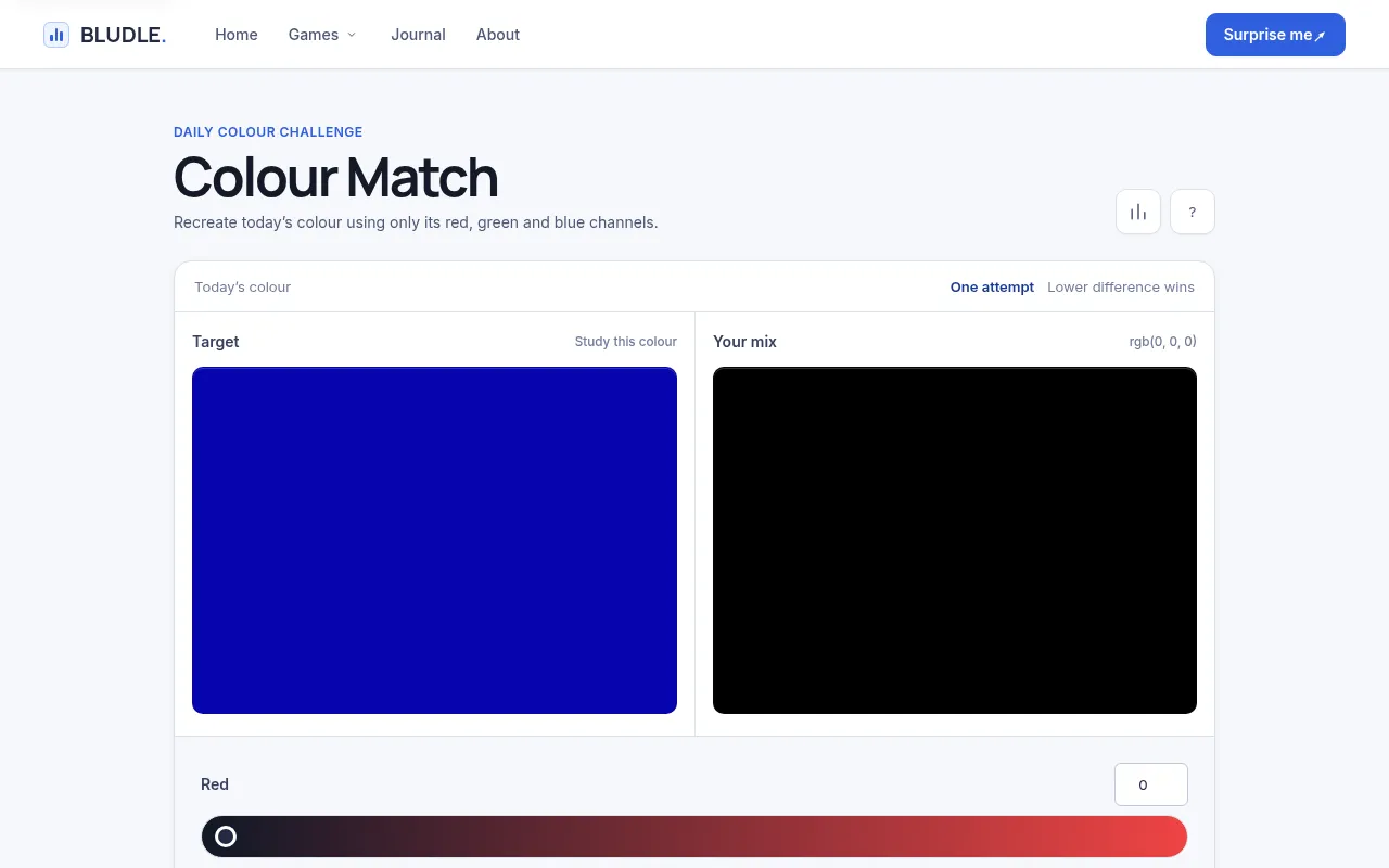 The Colour Match board: the day's deep blue target swatch beside a black mix swatch, with the red control below