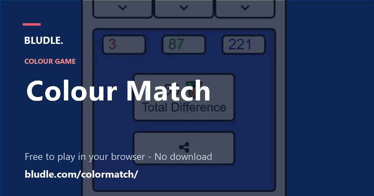 Colour Match share card over a result screen showing RGB values 3, 87 and 221 and a total difference