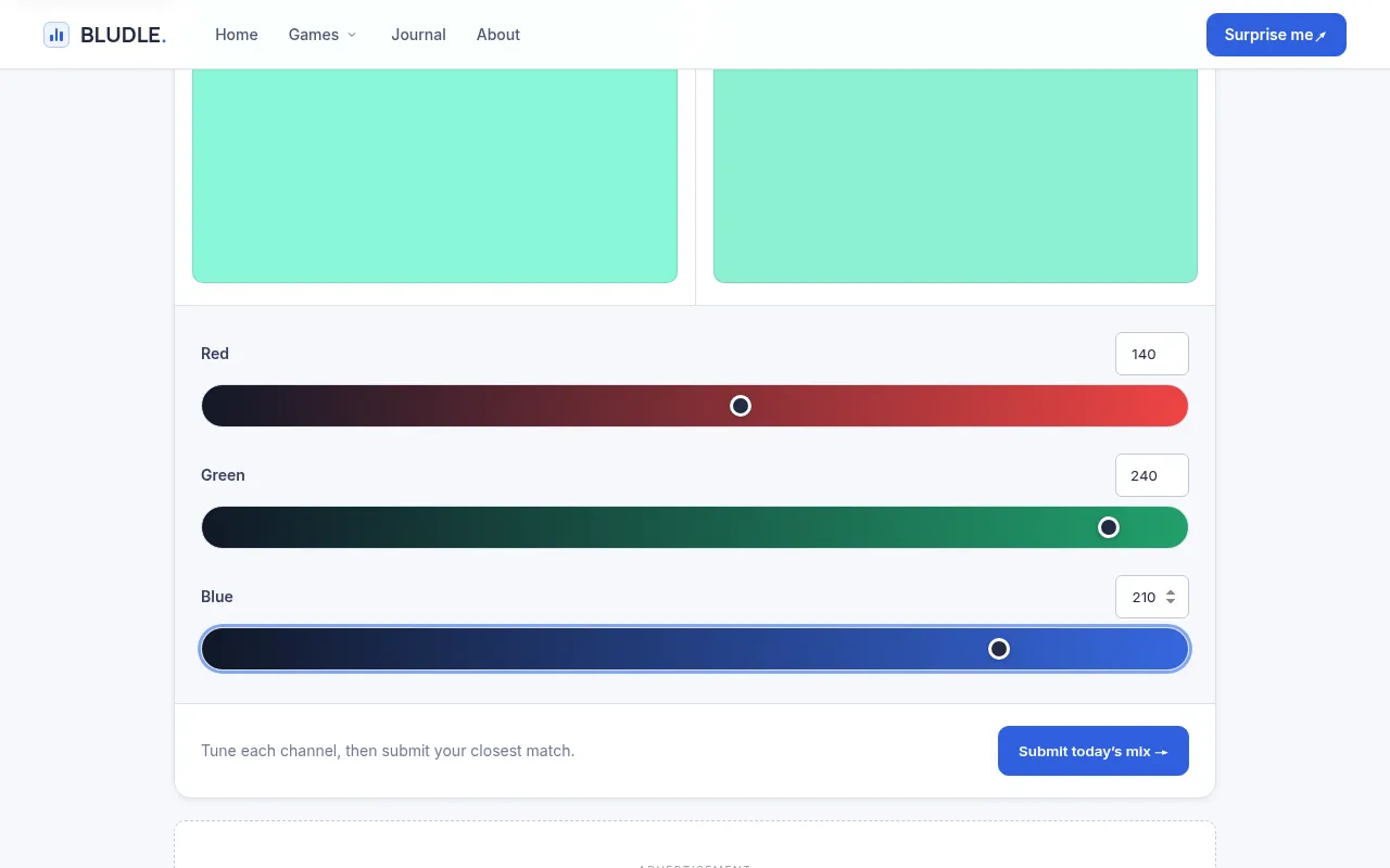 Colour Match on 30 October 2026: the day's mint green target beside a close mix of RGB 140, 240, 210, with the red, green and blue sliders and the Submit button