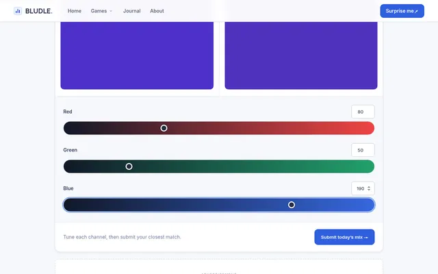Colour Match on 21 October 2026: the day's violet-blue target beside a close mix of RGB 80, 50, 190, with the red, green and blue sliders and the Submit button