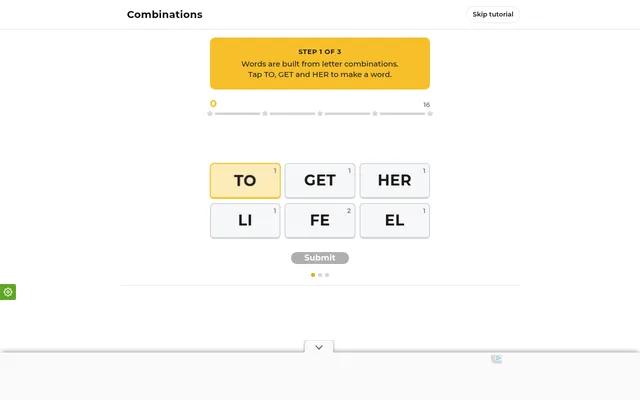 Combinations tutorial board: six letter-chunk tiles (TO, GET, HER, LI, FE, EL) with the hint Tap TO, GET and HER to make a word, and a score bar to 16